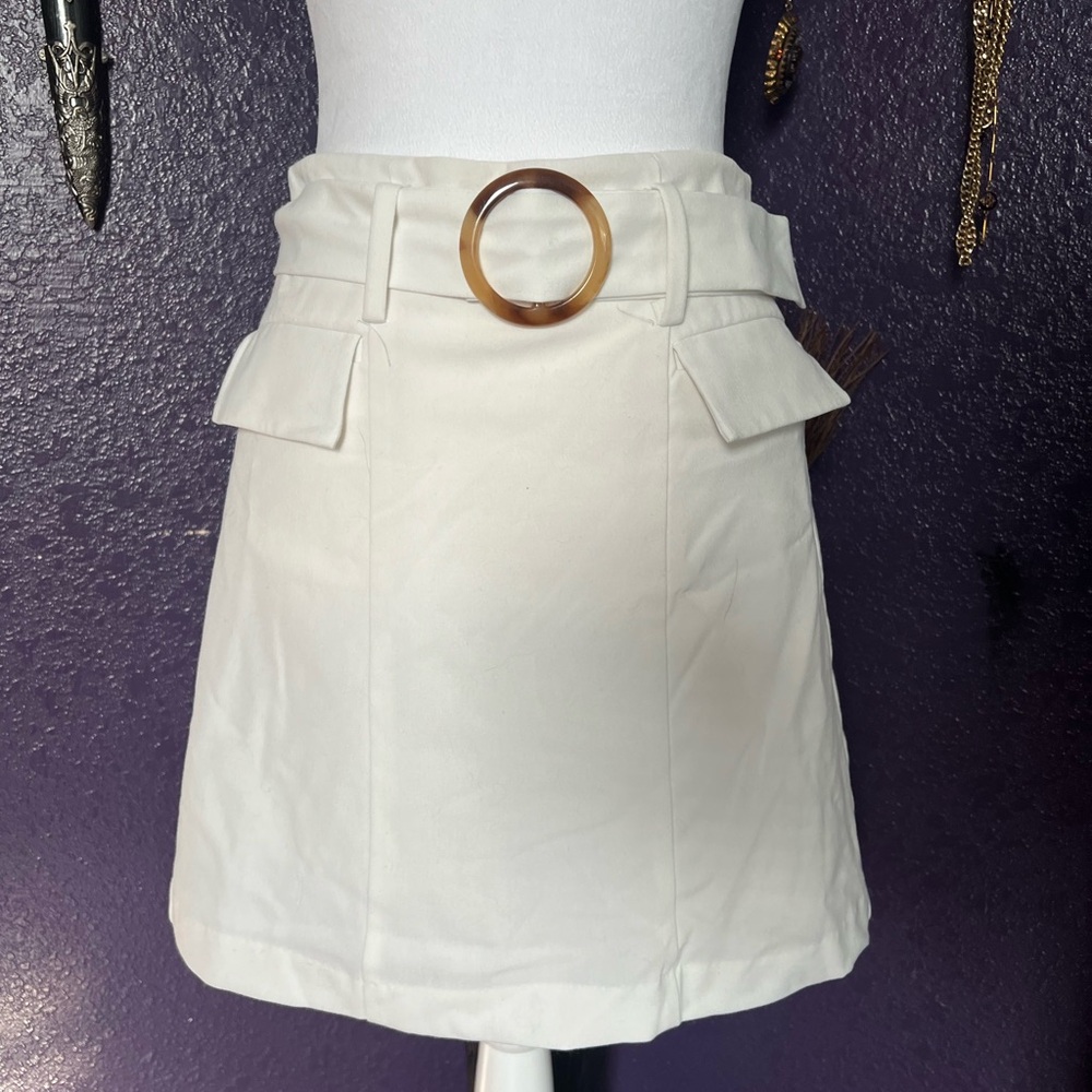 Women White Elegant Cream Skirt with Belt Detail Faux Pockets